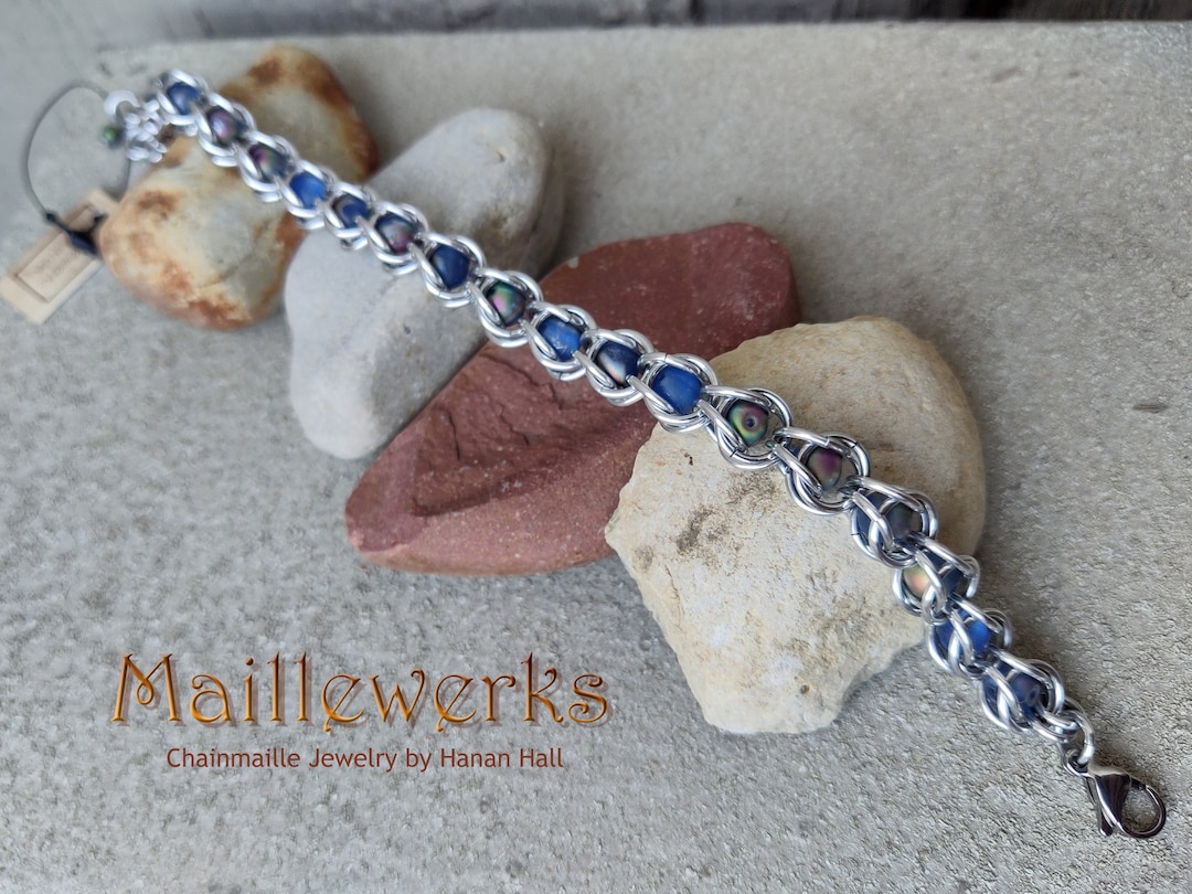 Silver & Montana Denim Blue Chainmaille Bracelet Glass Bead Polished ...