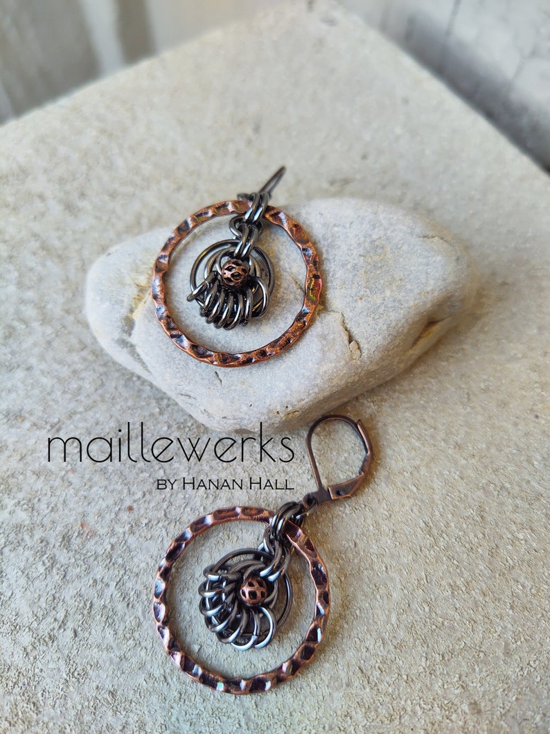 Mixed Metal Chainmaille Hoop Drop Earrings in Antiqued Copper & Antiqued Gunmetal Silver Handcrafted by Hanan Hall Maillewerks Jewelry image 1