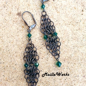 Emerald Green Swarovski Austrian Lead Crystal Micro Chainmaille Earrings / Emerald Green May Birthday Wedding Anniversary Earrings Jewelry image 1