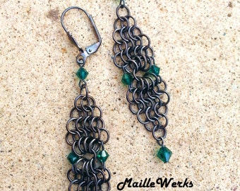 Emerald Green Swarovski Austrian Lead Crystal Micro Chainmaille Earrings / Emerald Green May Birthday Wedding Anniversary Earrings Jewelry