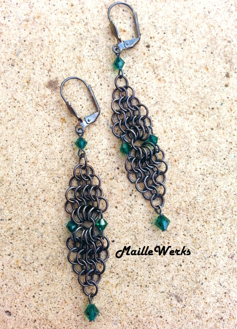 Emerald Green Swarovski Austrian Lead Crystal Micro Chainmaille Earrings / Emerald Green May Birthday Wedding Anniversary Earrings Jewelry image 1