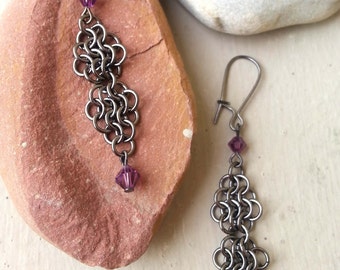 Long Purple Amethyst Crystal Antiqued Chainmaille Earrings February Birthday Birthstone Anniversary Jewelry Gift for Her Gunmetal Chain Mail