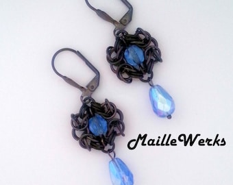 Light Sapphire Blue & Gunmetal Chainmaille Earrings Romanov Style Byzantine Fire Polished Glass Beads, Hanan Hall Jewelry Maillewerks