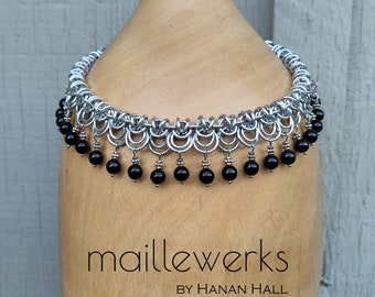 Black & Silver Chainmaille Statement Collar Necklace / Art Deco Necklace / Maillewerks / Handcrafted by Hanan Hall