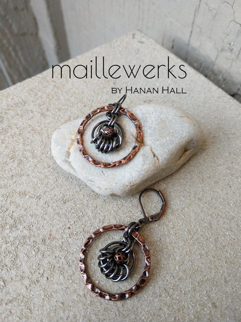 Mixed Metal Chainmaille Hoop Drop Earrings in Antiqued Copper & Antiqued Gunmetal Silver Handcrafted by Hanan Hall Maillewerks Jewelry image 3
