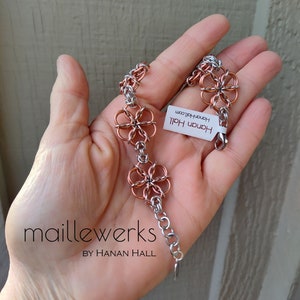 Silver & Copper Rose Gold Flower Blossom Bracelet / Chainmaille Flower Bracelet / Handcrafted by Hanan Hall / Maillewerks image 6