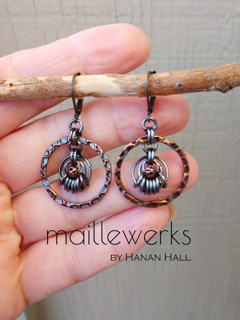 Mixed Metal Chainmaille Hoop Drop Earrings in Antiqued Copper & Antiqued Gunmetal Silver Handcrafted by Hanan Hall Maillewerks Jewelry image 4