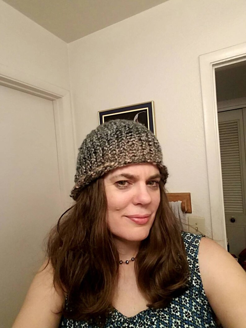 light green- neutral color goes with everything! gray multi colored rose Hand knitted soft acrylic beanie