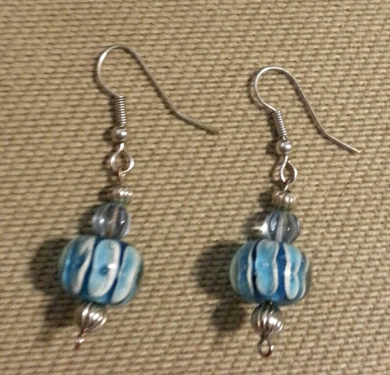 Handmade blue glass bead dangle earrings with silver toned | Etsy