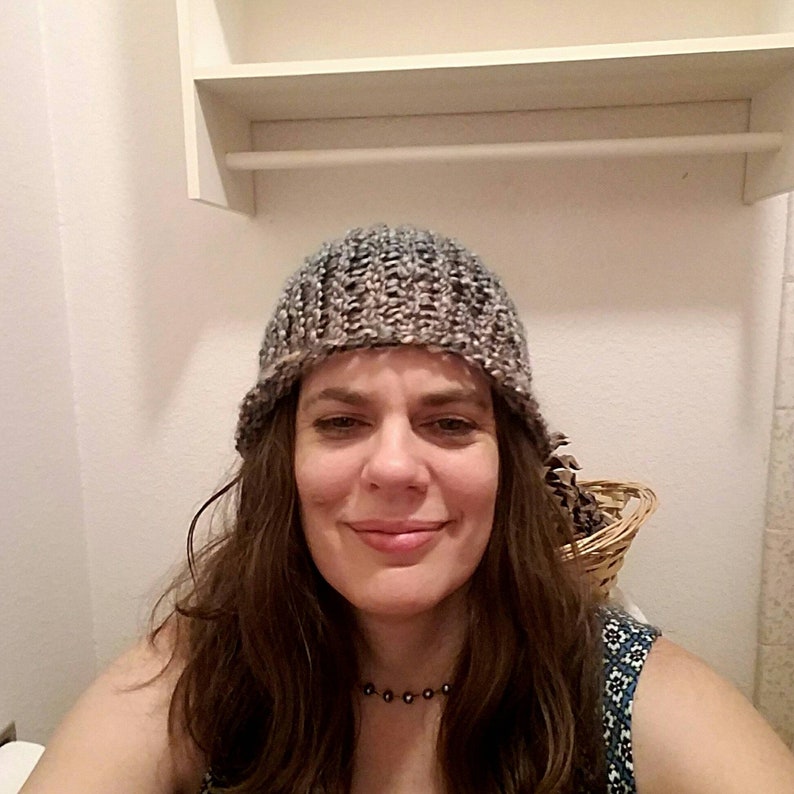 light green- neutral color goes with everything! gray multi colored rose Hand knitted soft acrylic beanie