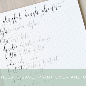 Verspieltes Fancy Brush Phonetic Lettering Arbeitsblatt, Kalligraphie Tutorial, Alphabet Praxisleitfaden, Kalligraphie lernen, Kalligraphie Praxis