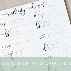 Ribbony Calligraphy Lettering Worksheets, Lower with Swashes, Calligraphy Tutorial, Learn Brush Lettering, Printable Calligraphy Practice