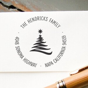 Self Inking Christmas Card Address Stamp, Custom Rubber Round Return Address Stamp, Personalized Cards, Holiday Card, Christmas Tree Graphic image 1