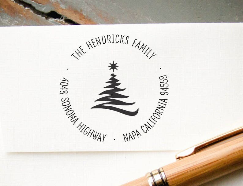 Self Inking Christmas Card Address Stamp, Custom Rubber Round Return Address Stamp, Personalized Cards, Holiday Card, Christmas Tree Graphic image 1