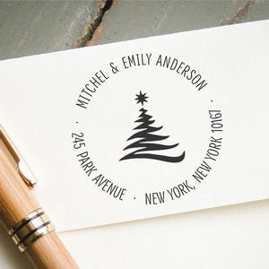 Self Inking Christmas Card Address Stamp, Custom Rubber Round Return Address Stamp, Personalized Cards, Holiday Card, Christmas Tree Graphic image 2