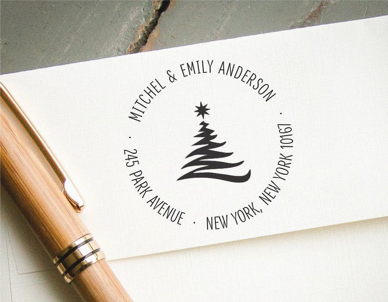 Self Inking Christmas Card Address Stamp, Custom Rubber Round Return Address Stamp, Personalized Cards, Holiday Card, Christmas Tree Graphic image 2