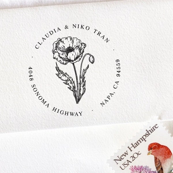 Self Inking Address Stamp, Poppy Personalized Address Stamp, Custom Return Address Stamp, Poppy Line Art Design