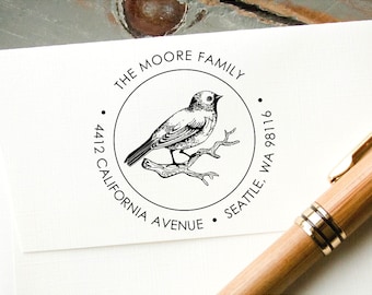 Self Inking Custom Address Stamp, Bird on Branch Stamp, Round Return Address Stamp, Custom Rubber Stamp, Wedding Address Stamp