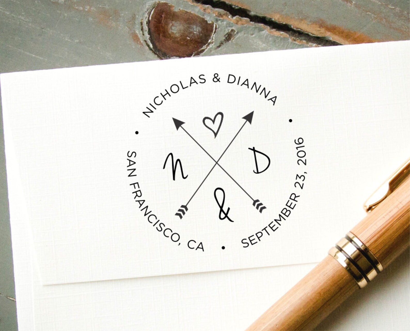Round Self-inking Save the Date Stamp, Hearts and Arrows Wedding Invite ...