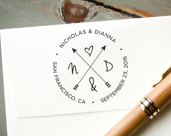 Round Self-Inking Save the Date Stamp, Hearts and Arrows Wedding Invite, Personalized Custom Rubber Stamp, Bridal Shower Gift, Wedding Favor