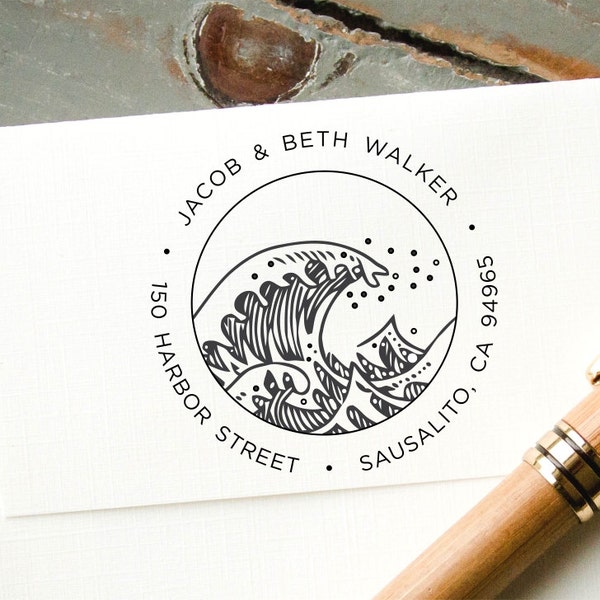 Address Stamp Self-Inking, Ocean Wave Beach House, Custom Rubber Stamp, Personalized Stamp, Custom Stamp, Destination Wedding Stamp