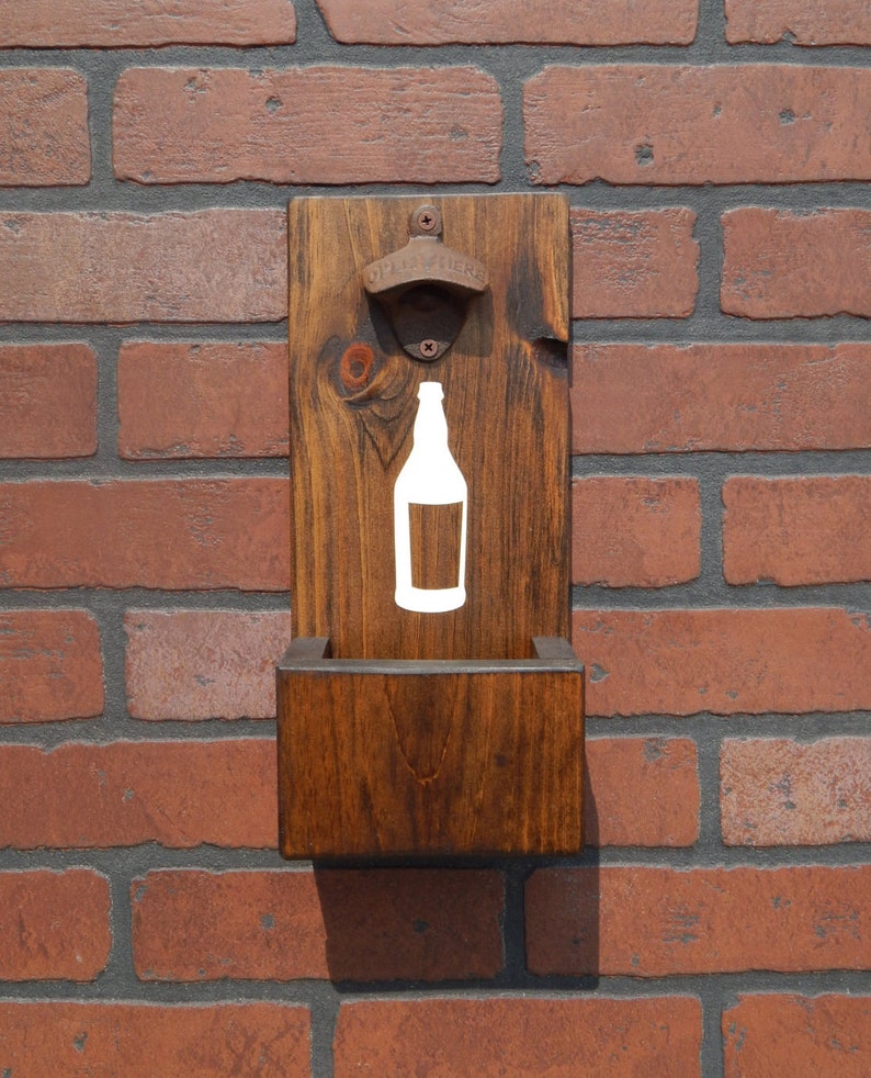 Wall Mounted Bottle Opener with cap catcher Rustic and Etsy