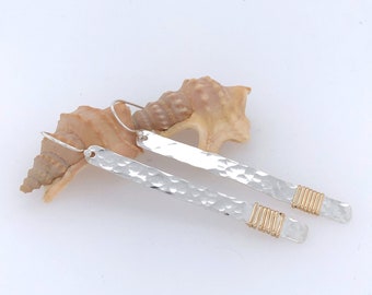 Sterling Silver Stick Earring, Hammered Sterling Silver Stick Earring, Mixed Metal, Minimalist, Hammered Bar, Gold Wrapped Silver Stick