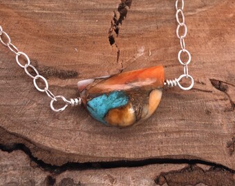 Mohave Kupfer Türkis Spiny Oyster Halbmond Halskette, Türkis Bar, Minimalistisch, Sommer Strand, Halbmond, Orange, Sterling Silber #3