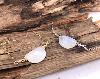 Rainbow Moonstone Necklace, Half Moon Necklace, Bar Necklace, Minimalist, Rainbow Moonstone, Crescent  Moon, Gemstone, Sterling Silver, Gold