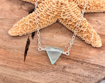 Tiny Aqua Chalcedony Necklace, Faceted Aqua Chalcedony, Sterling Triangle Necklace, Minimalist Layering Necklace, Summer, Beach, Silver
