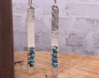 Turquoise Stick Earring, Long Blue Turquoise Earring, Sterling Silver Stick Earring, Silver Bar Earring, Minimalist, Hammered Sterling