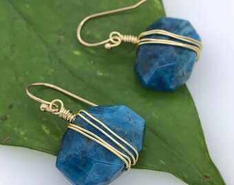 Apatite Earrings, Wrapped Blue Apatite Earrings, Blue Apatite, Octagon Earrings, Apatite Dangle Earrings, Gold Earwires