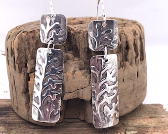 Sterling Silver Bar Earring, Organic Earring, Long Silver Earring, Sterling Stick Earring, Embossed Silver Earring, Antiqued, BoHo, Dangle