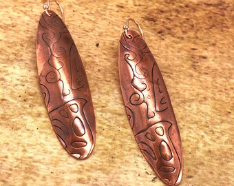 Long Copper Earring, Copper Dangle Earring, Copper Shield Earring, Etched Copper Earring, Antiqued, BoHo Earring, Summer Earring