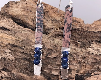 Lapis Earring, Sterling Silver Stick Earring, Lapis Stick Earring, Lapis Lazuli, Hammered Sterling Silver, Silver Bar,  Long Dangle Earring