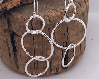 Triple Circle Earrings, Sterling Silver Circle Earrings, Hammered Silver, Dangle Earrings, Entwined Circle Earrings, Sterling Link Earring