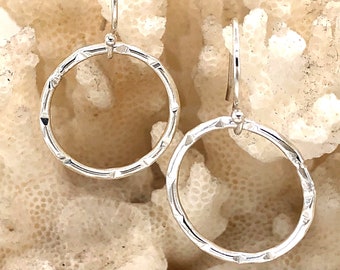 Simply Circle Earrings - Hammered Sterling Silver Circle Earrings, Minimalist Dangle Hoops - Sterling 925