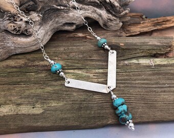 Turquoise Chevron Necklace, Brushed Sterling Silver Chevron, Blue Turquoise, Minimalist Necklace, Layering Necklace, Sterling Silver