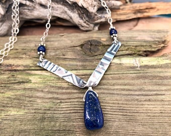 Lapis Chevron Necklace, Blue Lapis Sterling Silver Chevron, Minimalist Necklace, V Necklace, Layering Necklace, Embossed Sterling Silver