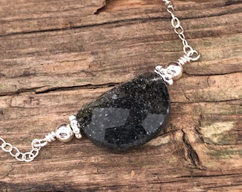 Black Star Quartz Necklace, Half Moon Necklace, Bar Necklace, Black Sunstone, Minimalist, Black Crystal, Crescent Moon, Sterling Silver, 18"