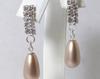 Pearl Rhinestone Earring, Swarovski Crystal Pearl Earring, Swarovski, Almond Pearl, Bride, Wedding, Bridesmaid, Champagne, Silver Rhinestone