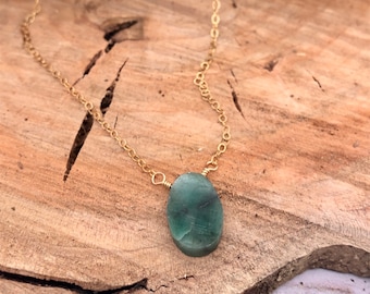 Emerald Necklace, Raw Emerald, May Birthstone, Layering Necklace, Minimalist, Wrapped Emerald, Dainty, Green, Pendant, Gold, 18 inch chain