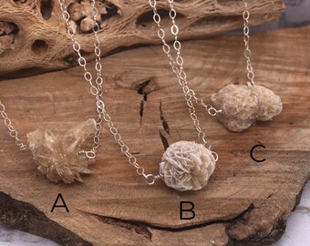 Selenite Desert Rose Necklace, Selenite Bead Necklace, Minimalist Layering Necklace, Crystal Necklace, Beach, Summer, Sterling Silver