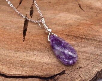 Purple Charoite Necklace, Teardrop Necklace, Layering Necklace, Minimalist, Wrapped Stone, Dainty, Purple, Pendant, Sterling Silver
