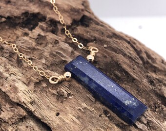 Lapis Necklace, Bar Necklace, Blue Lapis Bar Necklace, Minimalist, Gold Lapis Pendant, Sterling Silver Lapis Lazuli, 18 in. chain
