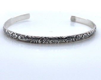 Sterling Silver Fern Leaf Swirl Cuff Bracelet, Swirl Cuff Stacking Bracelet, Stackable Cuff, Minimalist, Patterned Silver Leaf, 925 Sterling