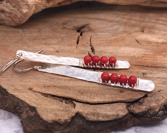 Red Coral Stick Earring, Long Red Earring, Sterling Silver Stick Earring, Silver Bar Earring, Coral Earring, Minimalist, Hammered Sterling