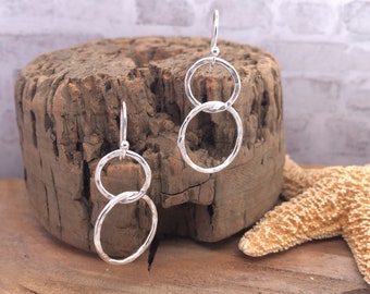 Double Circle Earrings, Sterling Dangle Earrings, Sterling Silver Hoop Earrings, Minimalist Earring, Hammered Silver, Sterling  Silver