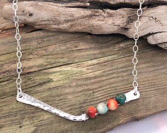 Turquoise & Coral Chevron Necklace, Chevron Necklace, Hammered Sterling Silver Chevron, Minimalist, Layering Necklace, Pendant