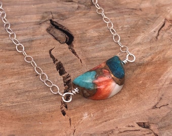 Mohave Kupfer Türkis Spiny Oyster Halbmond Halskette, Türkis Bar, Minimalistisch, Orange, Sommer Strand, Halbmond, Sterling Silber #2